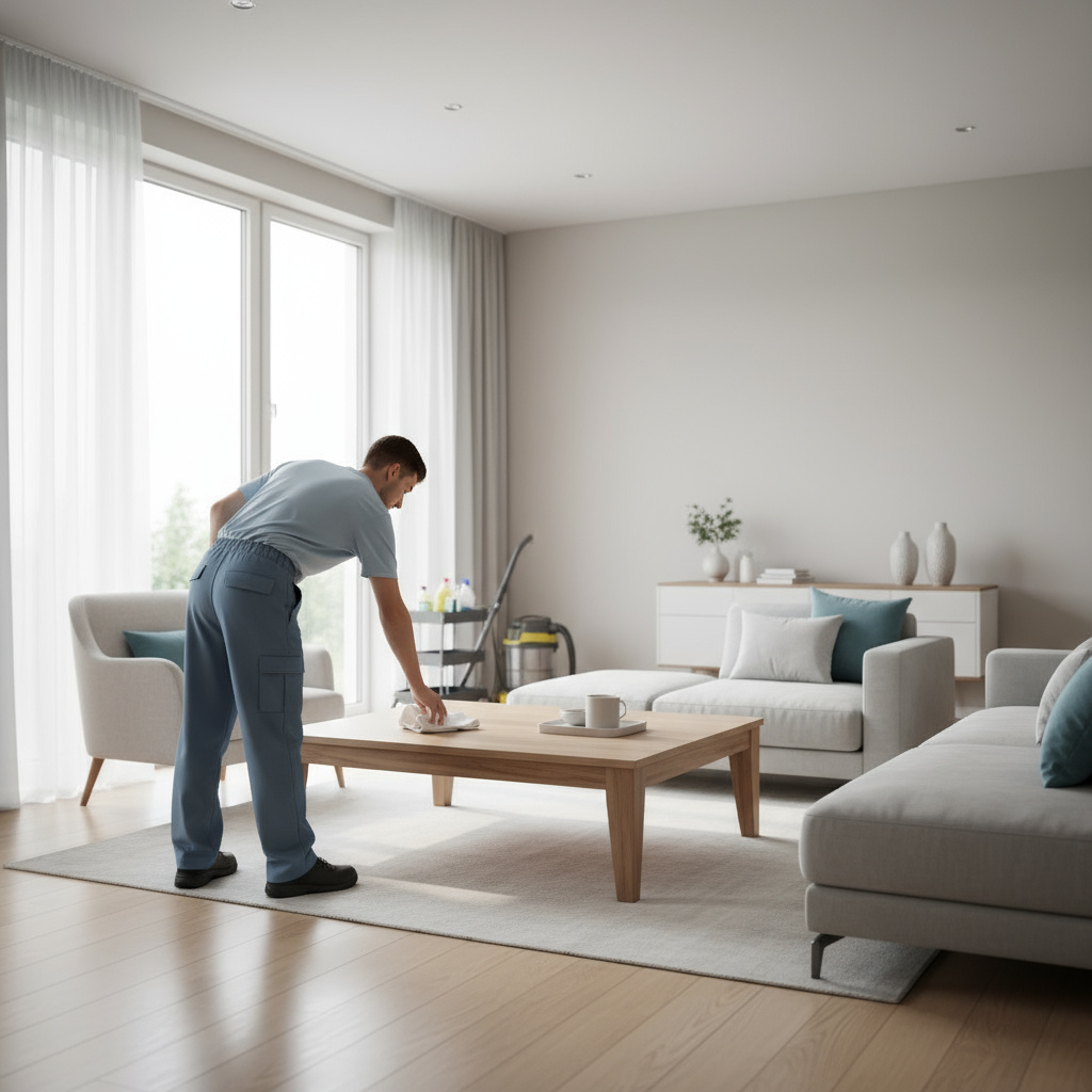 Helle, moderne Wohnung während der Reinigung